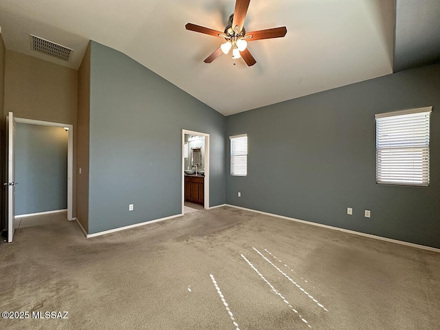 unfurnished room with ceiling fan, baseboards, visible vents, and light colored carpet