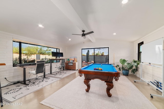 rec room with ceiling fan, billiards, a healthy amount of sunlight, and vaulted ceiling with beams