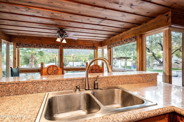 kitchen with plenty of natural light, sink, and wooden ceiling