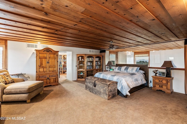 bedroom with wooden ceiling, ceiling fan, and carpet flooring