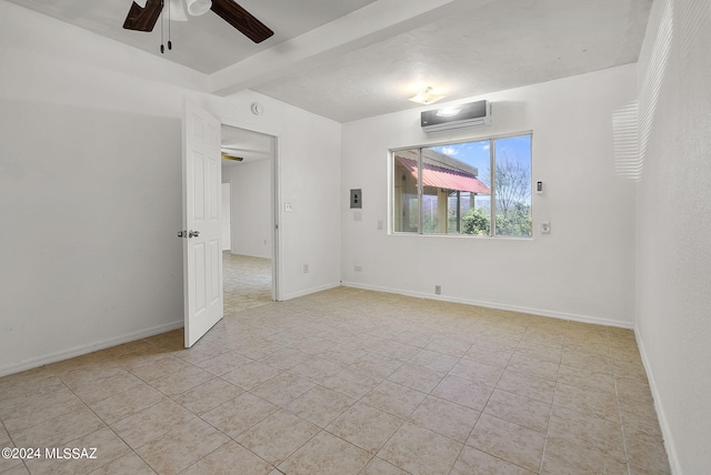 tiled spare room featuring a wall mounted AC, beamed ceiling, and ceiling fan