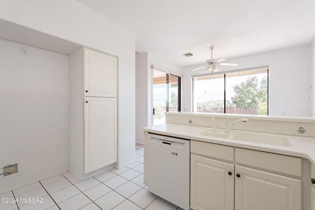 kitchen with dishwasher, white cabinets, sink, and ceiling fan