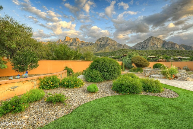 view of yard featuring a mountain view and fence