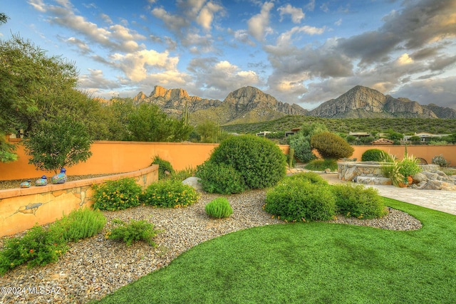 view of yard featuring fence and a mountain view
