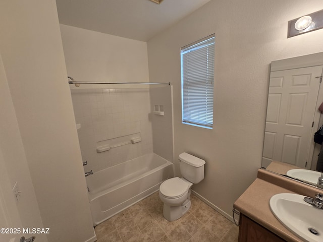 full bathroom featuring vanity, toilet, and washtub / shower combination