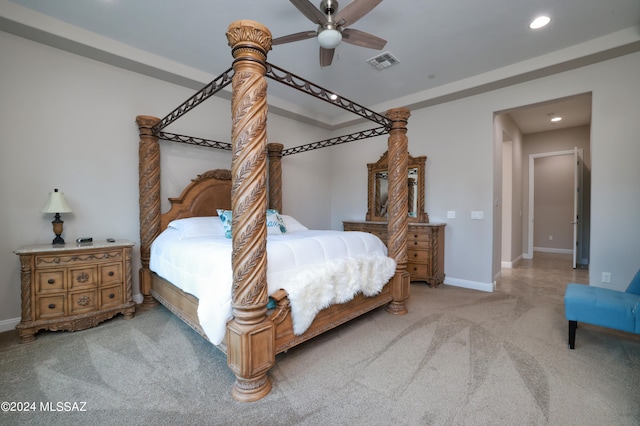 carpeted bedroom with visible vents, recessed lighting, baseboards, and ceiling fan