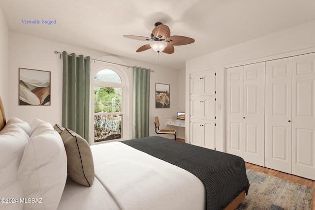 bedroom featuring ceiling fan and light wood-type flooring