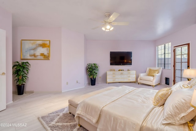 bedroom featuring light wood-type flooring and ceiling fan