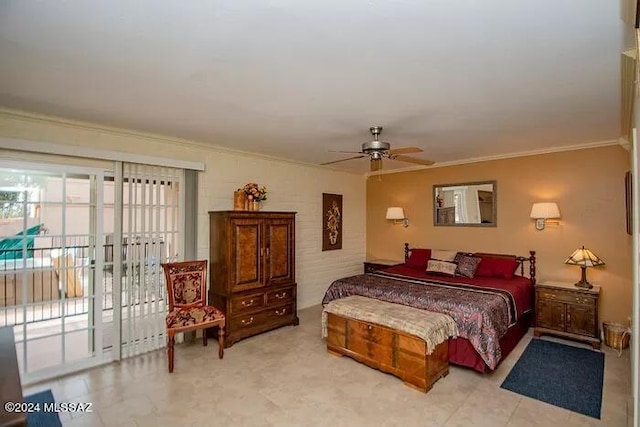 bedroom featuring ceiling fan, ornamental molding, and access to exterior