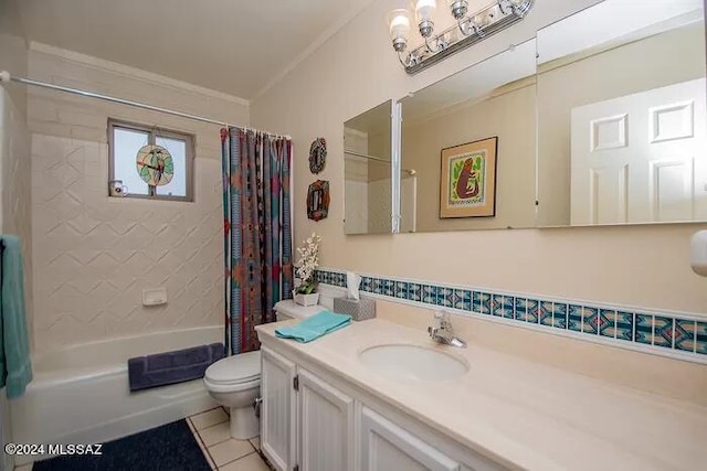 full bathroom featuring vanity, tile patterned floors, toilet, ornamental molding, and shower / tub combo