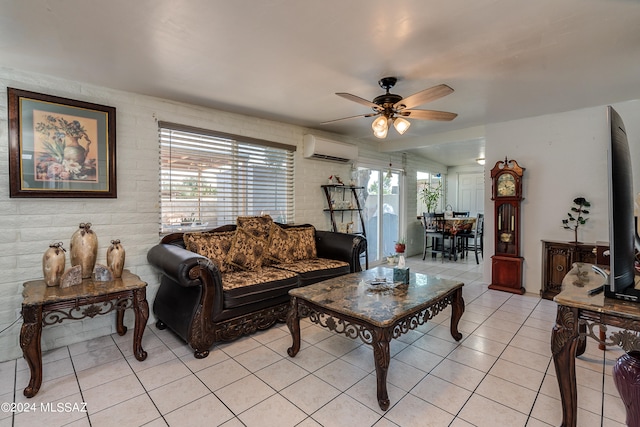 living room with light tile patterned floors, plenty of natural light, ceiling fan, and a wall mounted air conditioner