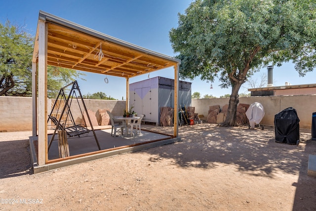 view of yard featuring a patio area and a storage shed