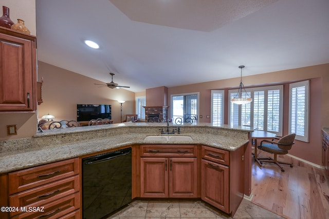 kitchen featuring dishwasher, sink, light hardwood / wood-style flooring, kitchen peninsula, and vaulted ceiling