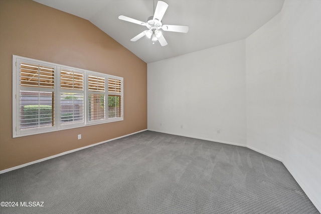 unfurnished room featuring carpet flooring, ceiling fan, and lofted ceiling