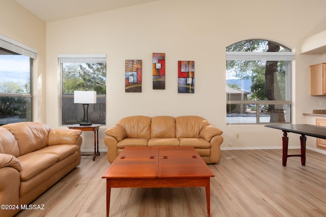 living room with light hardwood / wood-style floors, a healthy amount of sunlight, and vaulted ceiling