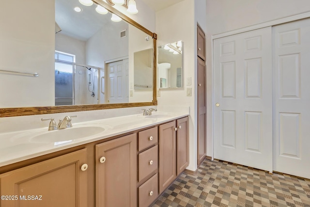 bathroom featuring vanity and a shower with shower door