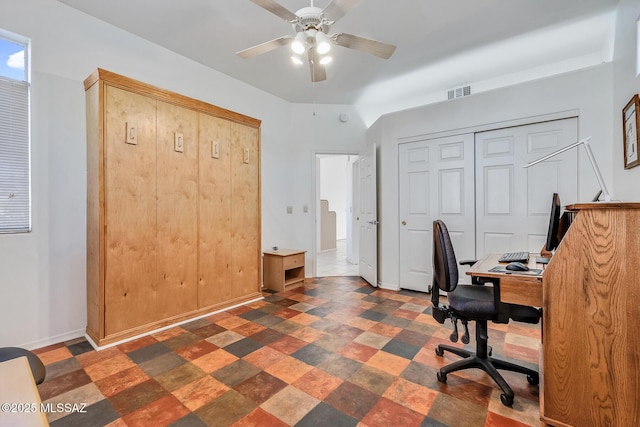 office area with ceiling fan