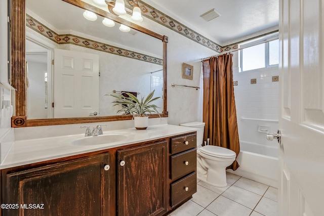 full bathroom featuring tile patterned flooring, vanity, shower / bathtub combination with curtain, and toilet