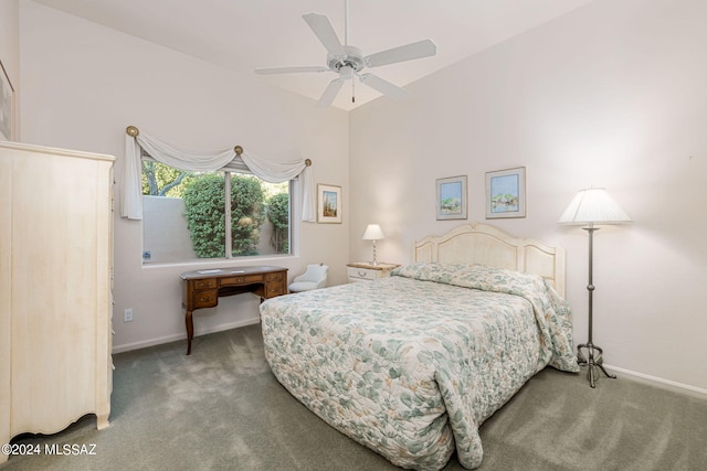 bedroom with carpet flooring, ceiling fan, and lofted ceiling