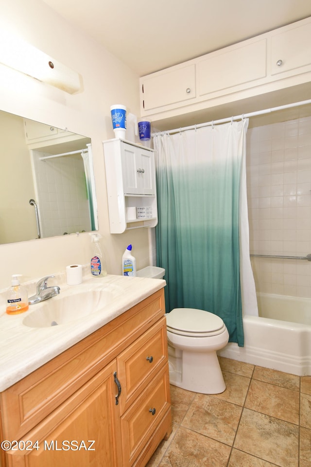 full bathroom featuring vanity, toilet, and shower / bathtub combination with curtain