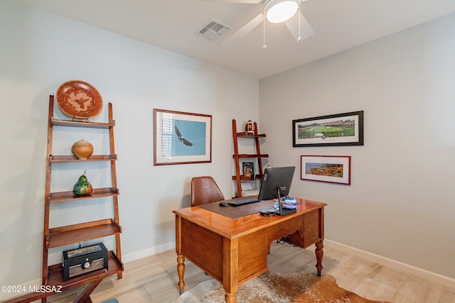 office area featuring ceiling fan and light hardwood / wood-style floors