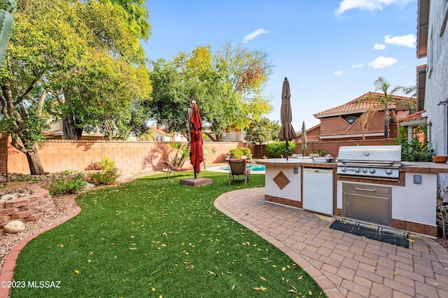 view of yard featuring an outdoor kitchen and a patio area