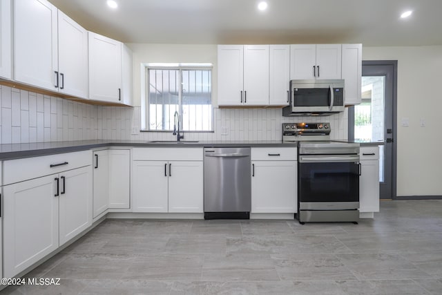 kitchen with white cabinetry, plenty of natural light, stainless steel appliances, and sink