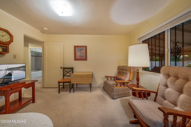 sitting room featuring light colored carpet