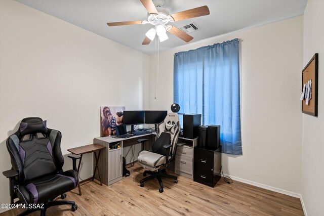 office area featuring ceiling fan and light hardwood / wood-style floors