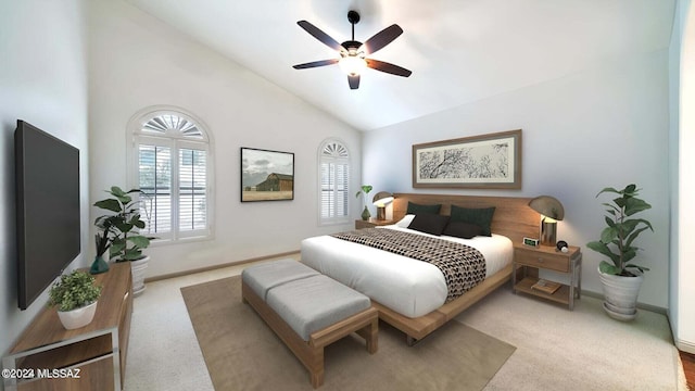 carpeted bedroom featuring ceiling fan and high vaulted ceiling