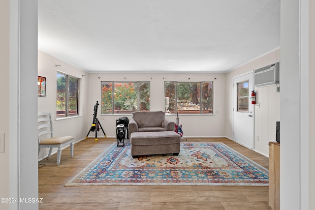 sitting room with light hardwood / wood-style flooring and a wall mounted AC