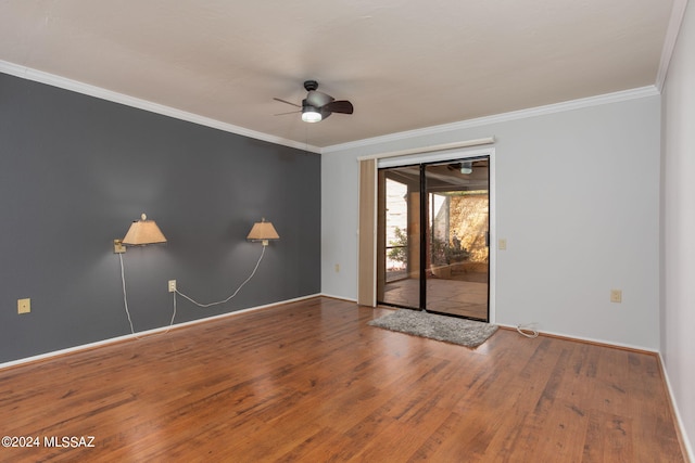 unfurnished room with ceiling fan, hardwood / wood-style flooring, and crown molding