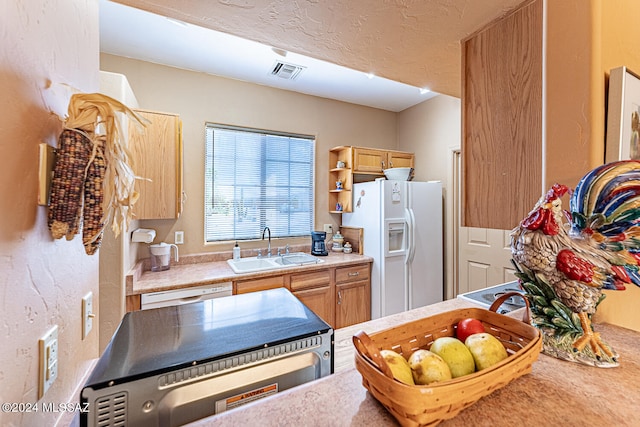 kitchen with white appliances, light brown cabinets, and sink