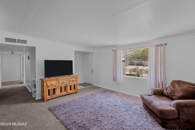 living room featuring ornamental molding and carpet floors