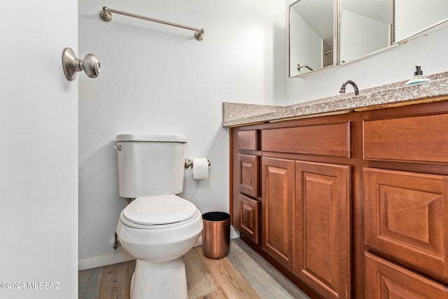 bathroom with vanity, toilet, and wood-type flooring