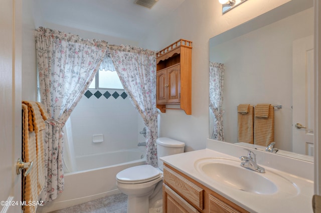 full bathroom with shower / bathtub combination with curtain, tile patterned flooring, vanity, and toilet