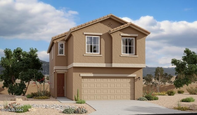 view of front of house with stucco siding, a garage, driveway, and a tile roof