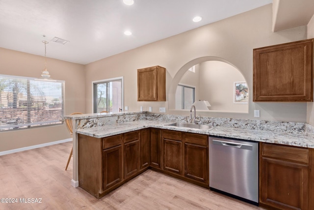 2521 S Pecan Valley Pl, Green Valley, AZ 85614 - kitchen with dishwasher, a sink, light wood finished floors, light stone countertops, and recessed lighting