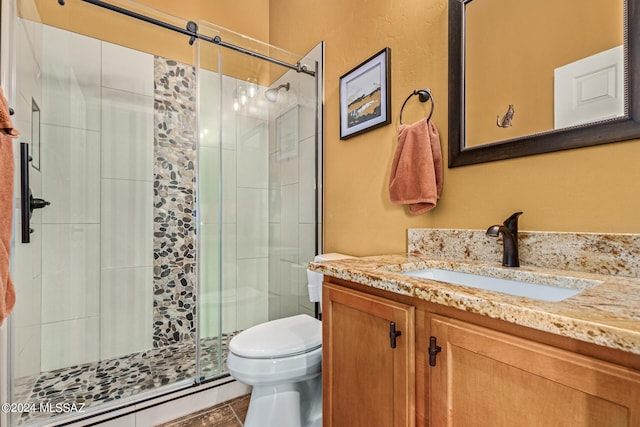 full bathroom featuring toilet, a shower stall, and vanity