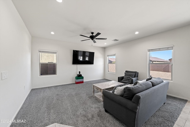 carpeted living room featuring a wealth of natural light, recessed lighting, and a ceiling fan