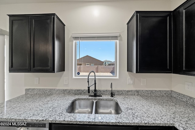 kitchen with stainless steel dishwasher, a sink, and dark cabinetry