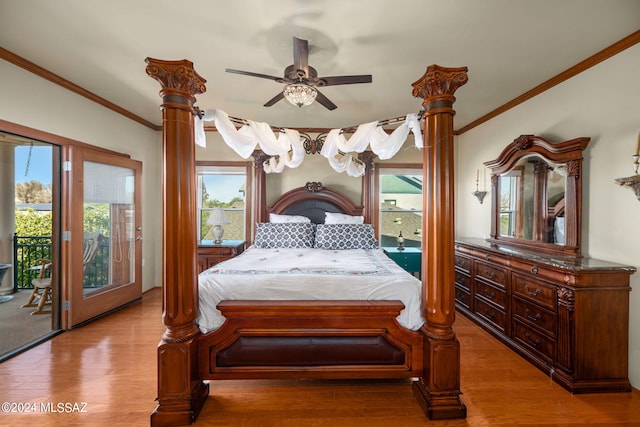 bedroom with crown molding, light hardwood / wood-style flooring, access to exterior, and ceiling fan