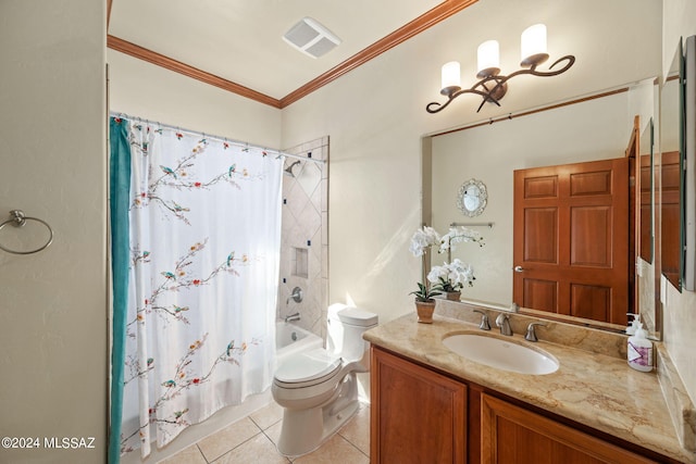 full bathroom featuring toilet, tile patterned floors, crown molding, vanity, and shower / bath combo