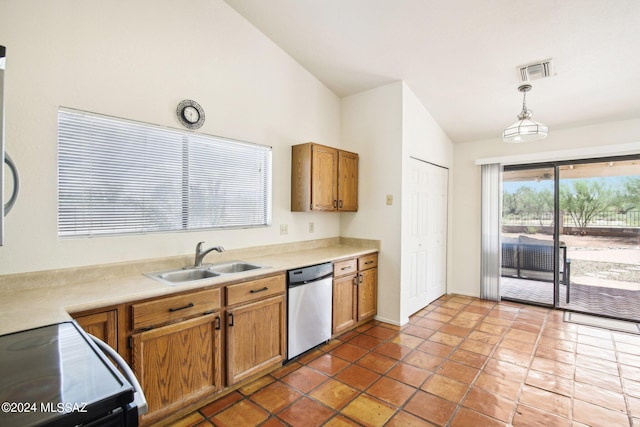 kitchen featuring hanging light fixtures, sink, stainless steel dishwasher, range, and vaulted ceiling