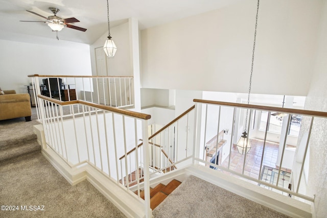 stairway featuring ceiling fan and carpet