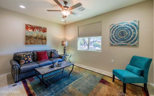 living room with ceiling fan