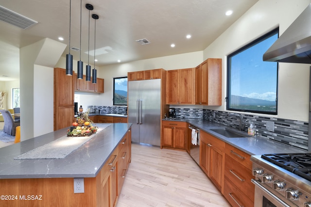 kitchen with a kitchen island, a healthy amount of sunlight, range hood, and premium appliances