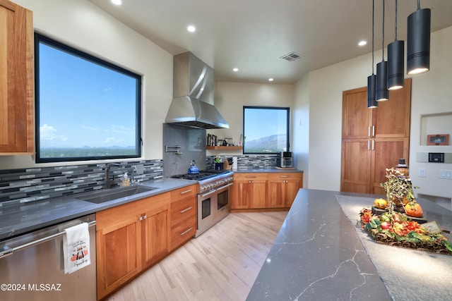 kitchen with tasteful backsplash, light hardwood / wood-style flooring, sink, appliances with stainless steel finishes, and wall chimney range hood