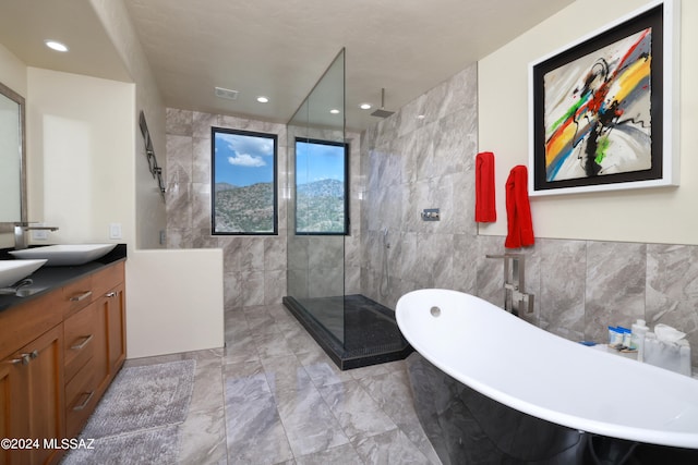 bathroom with vanity, tile walls, and separate shower and tub