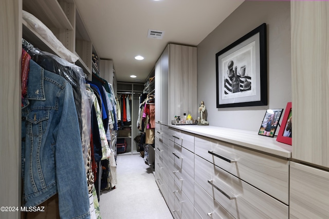 spacious closet featuring light carpet